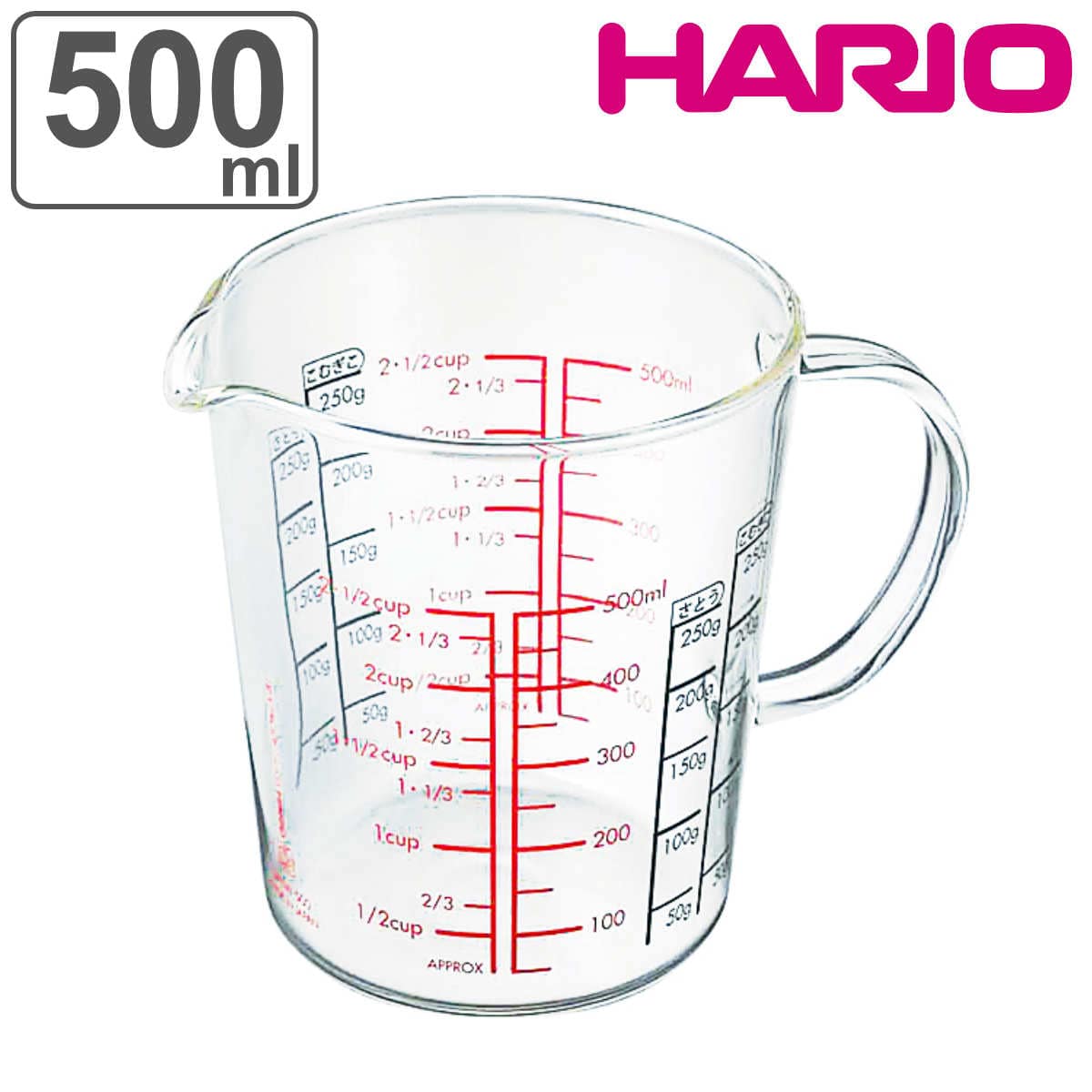 ハリオ メジャーカップ ワイド 500ml 耐熱ガラス （ HARIO 計量コップ メジャーコップ 熱湯OK 500cc ガラス製 電子レンジ対応 食洗機対応 レンジOK 計量器具 目盛り メモリ付き 両面メモリ 粉もはかれる 取っ手付き 下ごしらえ ）