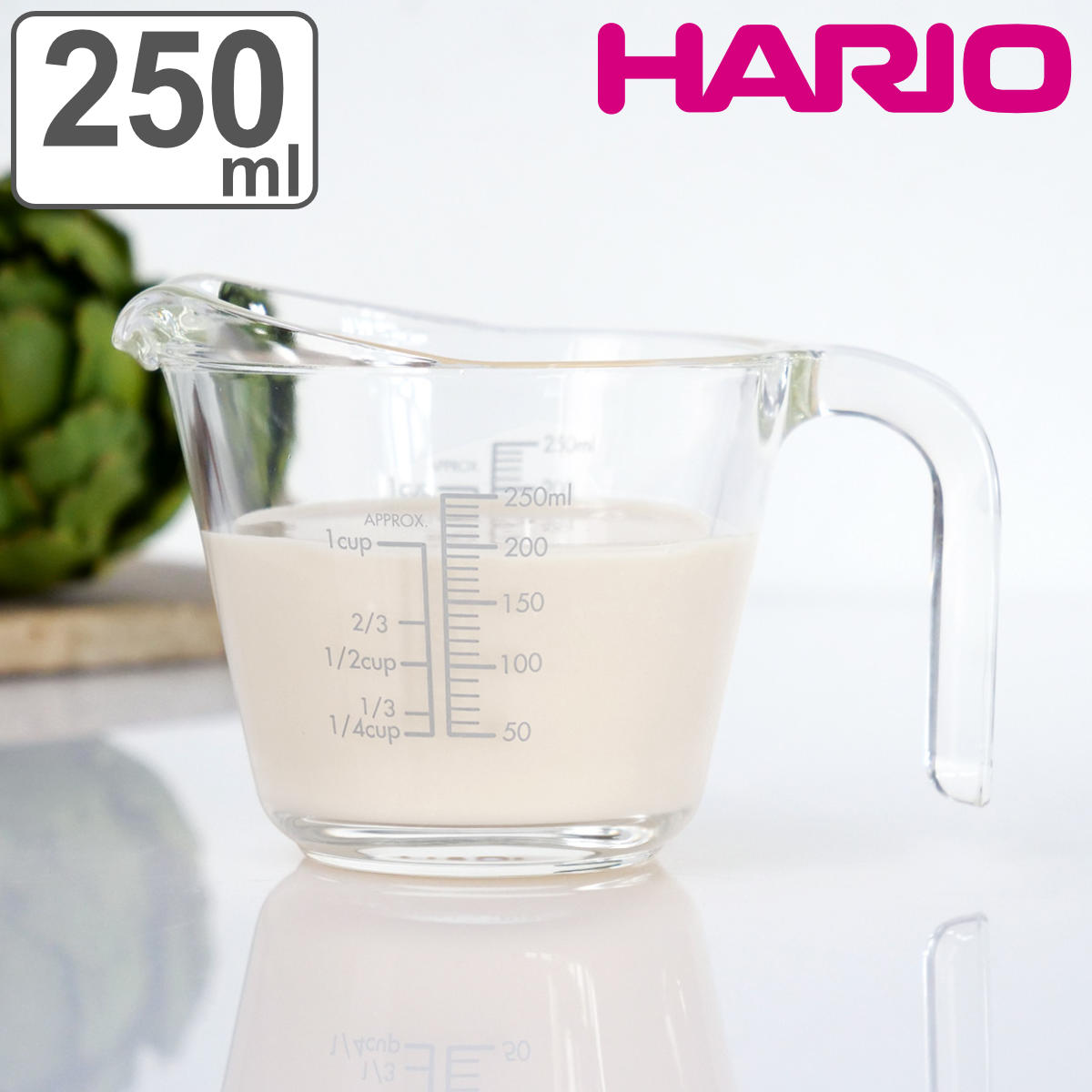ハリオ メジャーカップ 250ml 耐熱ガラス 取っ手付き （ HARIO 計量コップ メジャーコップ 熱湯OK 200cc ガラス製 電子レンジ対応 食洗機対応 レンジOK オーブン対応 計量器具 計量ツール 目盛り メモリ付き 持ち手付き 下ごしらえ ）