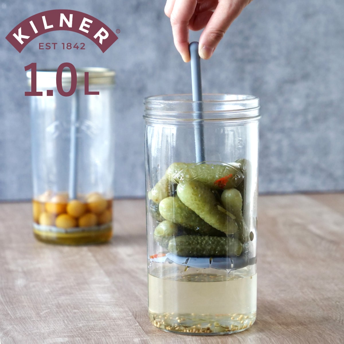 保存容器 KILNER PICKLE JAR WITH LIFTER 1L （ キルナー 瓶 ピクルスジャー 保存瓶 ガラス 密閉 食洗器対応 ピクルス 漬物 目盛付き 二重フタ式 保存 ガラス瓶 丸 ピクルス作り 密封容器 密閉容器 ）