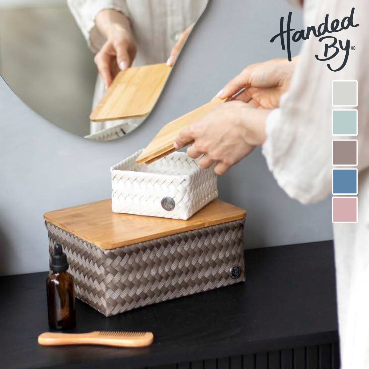 収納ケース Handed By 24x18x11 cm 蓋付き TOP FIT HIGH M （ バスケット 収納 手編み カゴ かご ふた付き 小物入れ 小物収納 ハンデッドバイ 収納ボックス おしゃれ ミニ 小さい ） 【EUCALYPTUS】