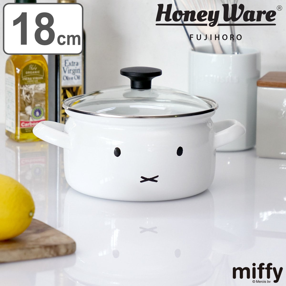 両手鍋 18cm IH対応 富士ホーロー ミッフィーフェイス （ ガス火対応 両手なべ ホーロー鍋 琺瑯鍋 ほうろう鍋 ガラス蓋付き 18センチ 鍋 なべ ガラス蓋 おしゃれ 琺瑯製 HoneyWere ハニーウェア ミッフィー ）
