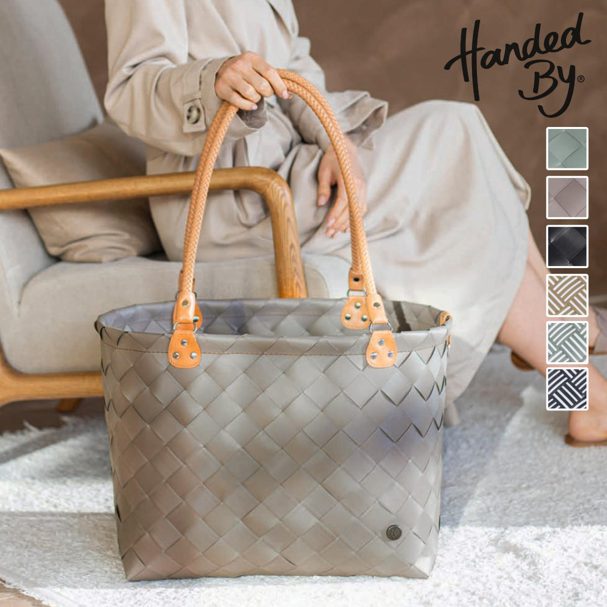 バッグ Handed By Saint Maxime 大き目 ハンドメイド 収納 （ カゴバッグ トートバッグ ハンドバッグ かばん 鞄 バスケット リサイクル素材 ハンデッドバイ 持ち手 カゴ かご 編み込み マチあり 柄 ストライプ 長方形 エコ ） 【BLACK】