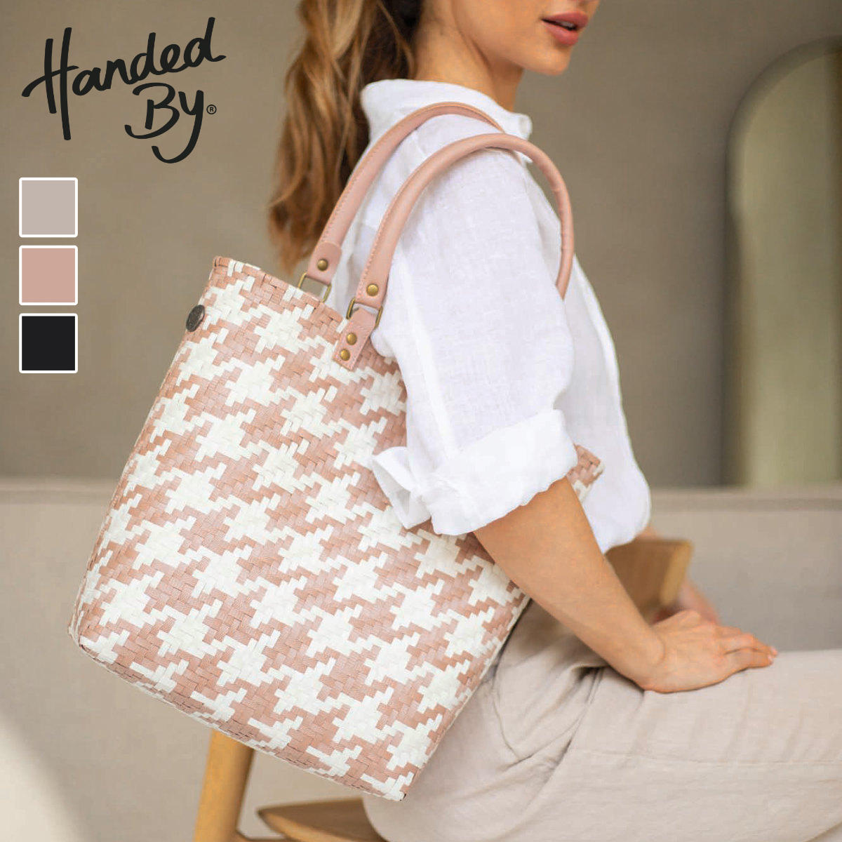 ハンドバッグ Handed By MAYFAIR レディース フェアトレード （ ハンデッドバイ カゴバッグ トートバッグ バスケット ハンドメイド カゴ 手提げ 編み込み 千鳥格子 マチあり リサイクル素材 おしゃれ 通勤 A4 ） 【BLACK】