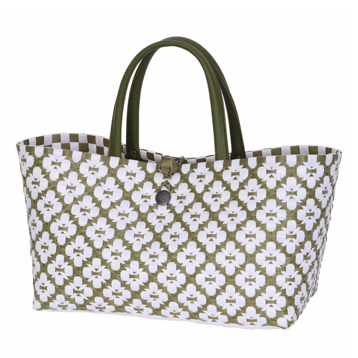 ハンドバッグ Handed By MINI MOTIF BAG 手編み フェアトレード （ カゴバッグ かばん 鞄 バスケット ハンドメイド リサイクル素材 ハンデッドバイ カゴ かご 編み込み 花柄 留め具 マチあり 長方形 エコ ショッピングバッグ ） 【olive】