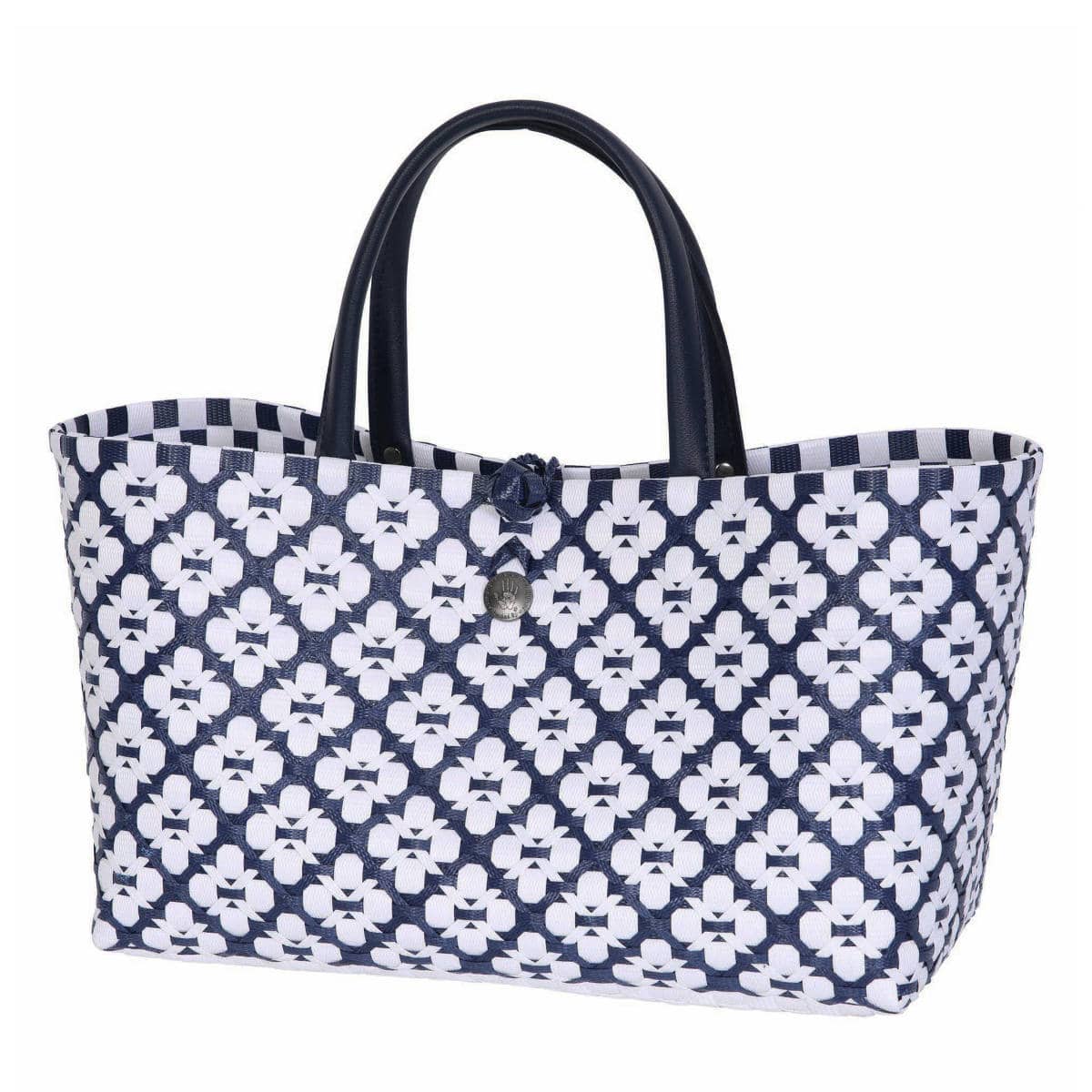 ハンドバッグ Handed By MINI MOTIF BAG 手編み フェアトレード （ カゴバッグ かばん 鞄 バスケット ハンドメイド リサイクル素材 ハンデッドバイ カゴ かご 編み込み 花柄 留め具 マチあり 長方形 エコ ショッピングバッグ ） 【Navy】