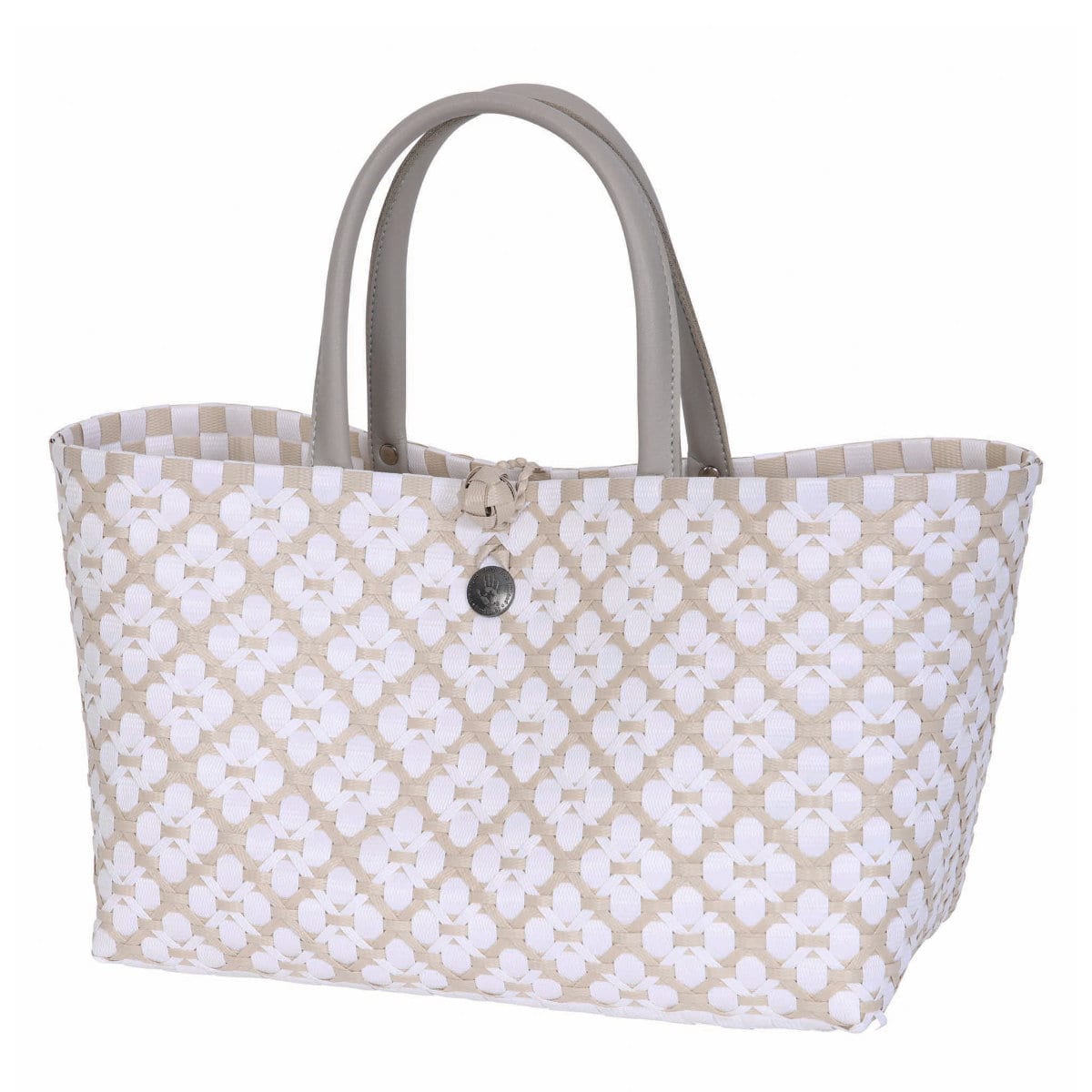 ハンドバッグ Handed By MINI MOTIF BAG 手編み フェアトレード （ カゴバッグ かばん 鞄 バスケット ハンドメイド リサイクル素材 ハンデッドバイ カゴ かご 編み込み 花柄 留め具 マチあり 長方形 エコ ショッピングバッグ ） 【palegrey】