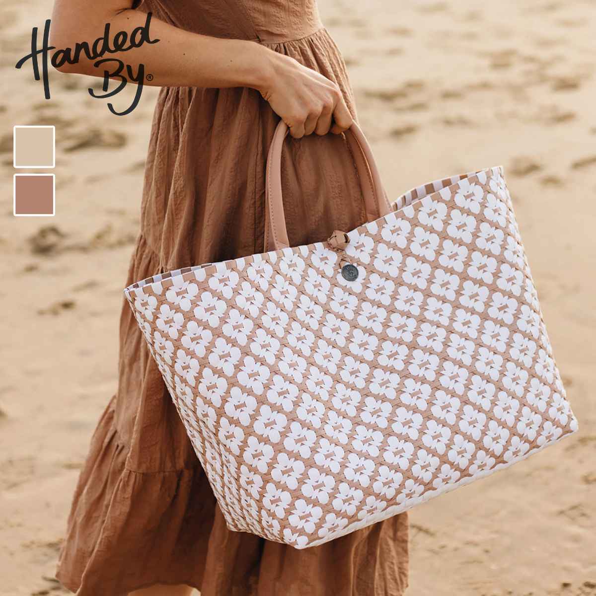 ハンドバッグ Handed By MOTIF BAG 手編み フェアトレード （ カゴバッグ かばん 鞄 バスケット ハンドメイド リサイクル素材 ハンデッドバイ カゴ かご 編み込み 花柄 留め具 マチあり 長方形 エコ ショッピングバッグ ） 【copperblush】