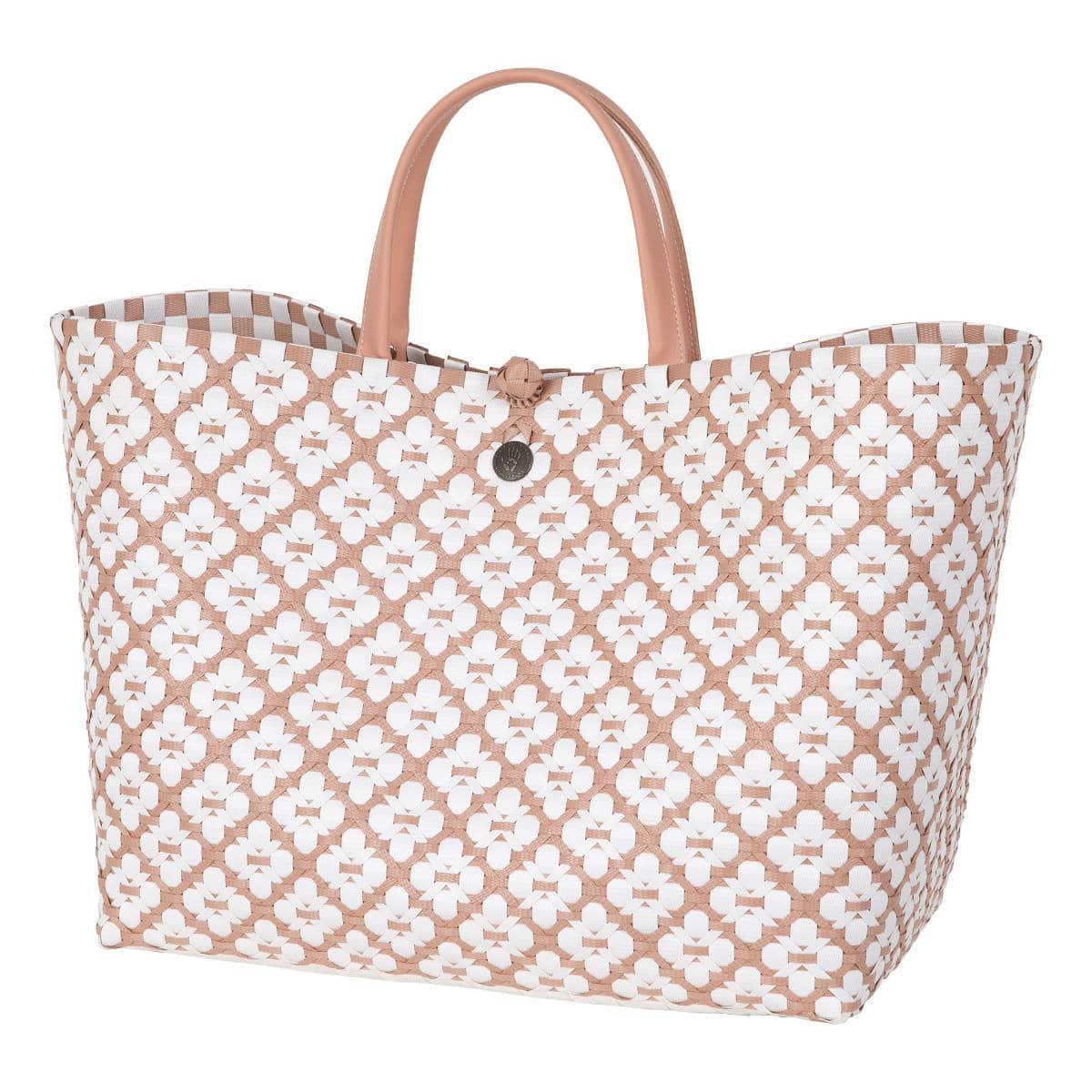 ハンドバッグ Handed By MOTIF BAG 手編み フェアトレード （ カゴバッグ かばん 鞄 バスケット ハンドメイド リサイクル素材 ハンデッドバイ カゴ かご 編み込み 花柄 留め具 マチあり 長方形 エコ ショッピングバッグ ） 【copperblush】