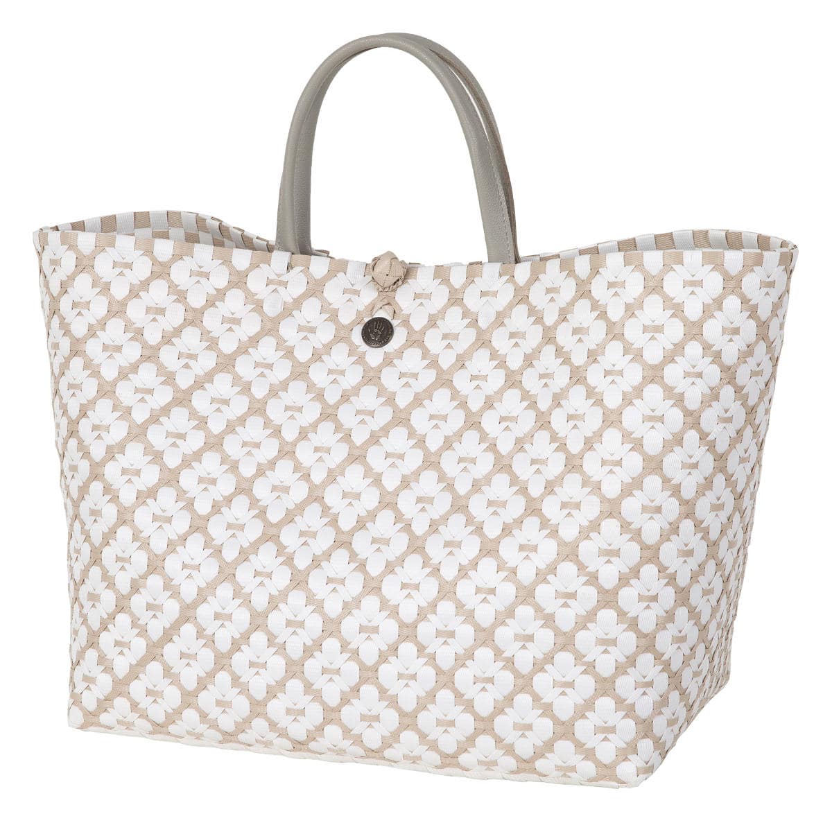 ハンドバッグ Handed By MOTIF BAG 手編み フェアトレード （ カゴバッグ かばん 鞄 バスケット ハンドメイド リサイクル素材 ハンデッドバイ カゴ かご 編み込み 花柄 留め具 マチあり 長方形 エコ ショッピングバッグ ） 【palegrey】