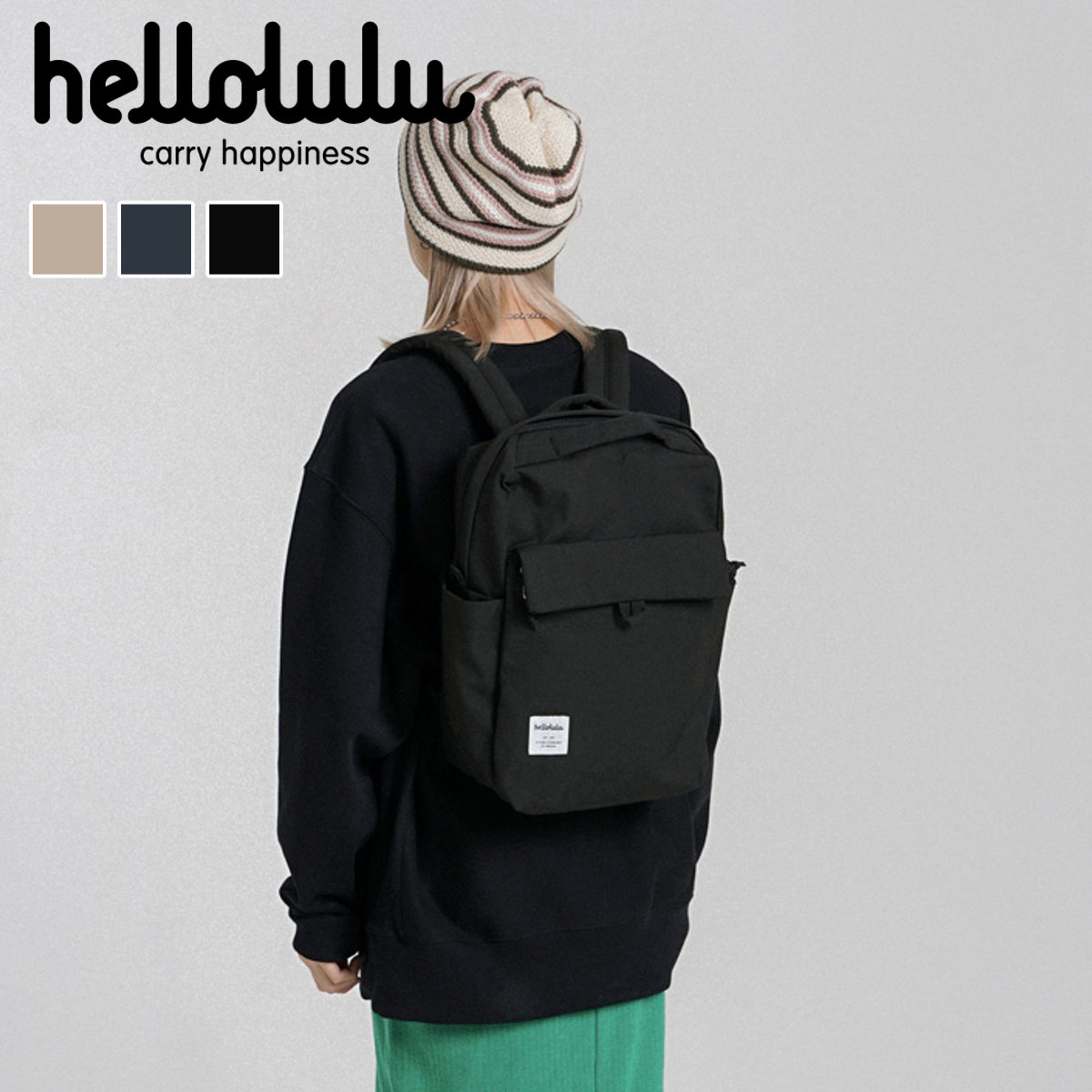 【人気色】 リュック hellolulu ミニカーター MINI CARTER （ ハロルル リュックサック バックパック レディース デイパック かばん 鞄 小さめ マザーズバッグ 軽い 撥水 通学 通勤 ファスナー サイドポケット コンパクト おしゃれ ） 【FlatBlack】