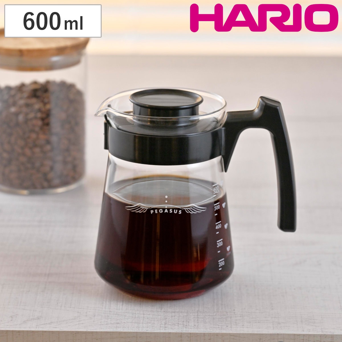 ハリオ コーヒーサーバー 600ml 2～5杯用 ペガサス 耐熱ガラス （ HARIO 食洗機対応 電子レンジ対応 ガラス コーヒーポット コーヒーカラフェ 熱湯 耐熱 ハンドル付き コーヒー 珈琲 紅茶 お茶 ティータイム おしゃれ ）