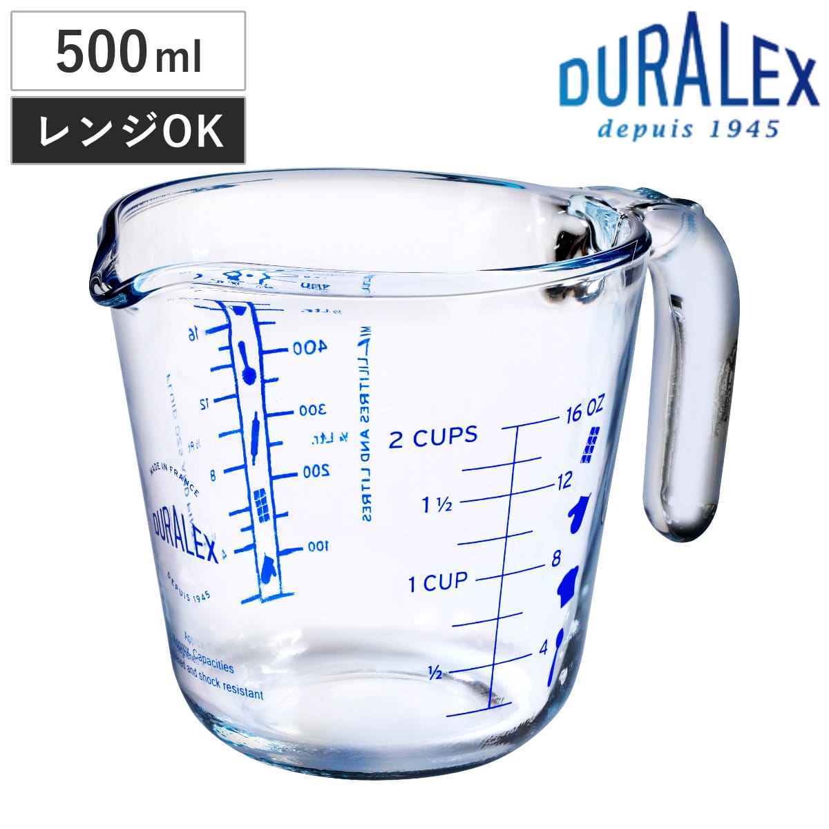 デュラレックス メジャーカップ 500ml 耐熱ガラス 電子レンジ対応 （ DURALEX 耐熱 ガラス 500ミリリットル 計量カップ 目盛 電子レンジOK 冷凍 冷蔵 保存 目盛り付き 調理 衛生的 ）