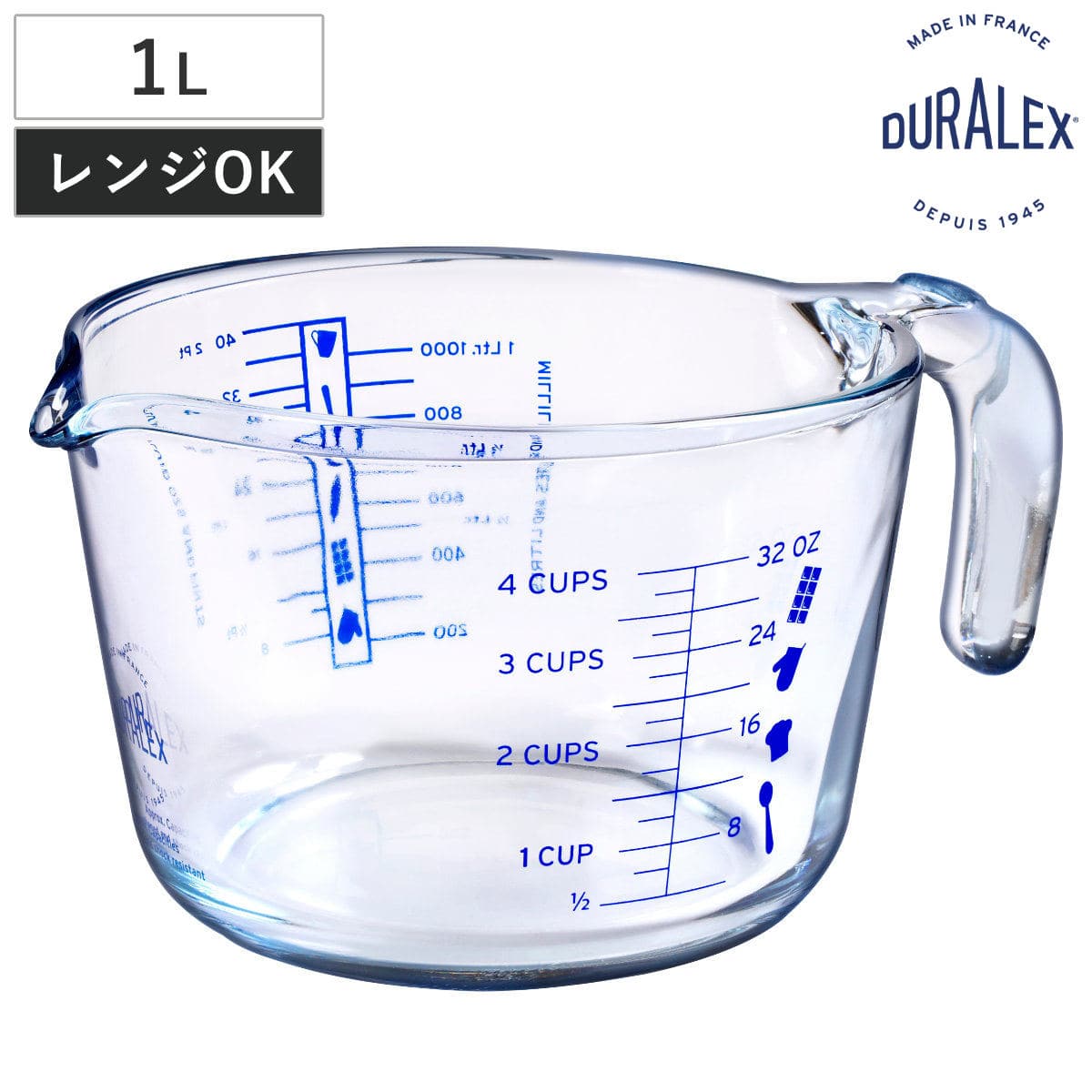 DURALEX デュラレックス メジャーカップ 1L （ MEASURE CUP 耐熱ガラス 電子レンジ対応 耐熱 ガラス 1リットル 計量カップ 目盛 電子レンジOK 冷凍 冷蔵 保存 目盛り付き 調理 衛生的 ）