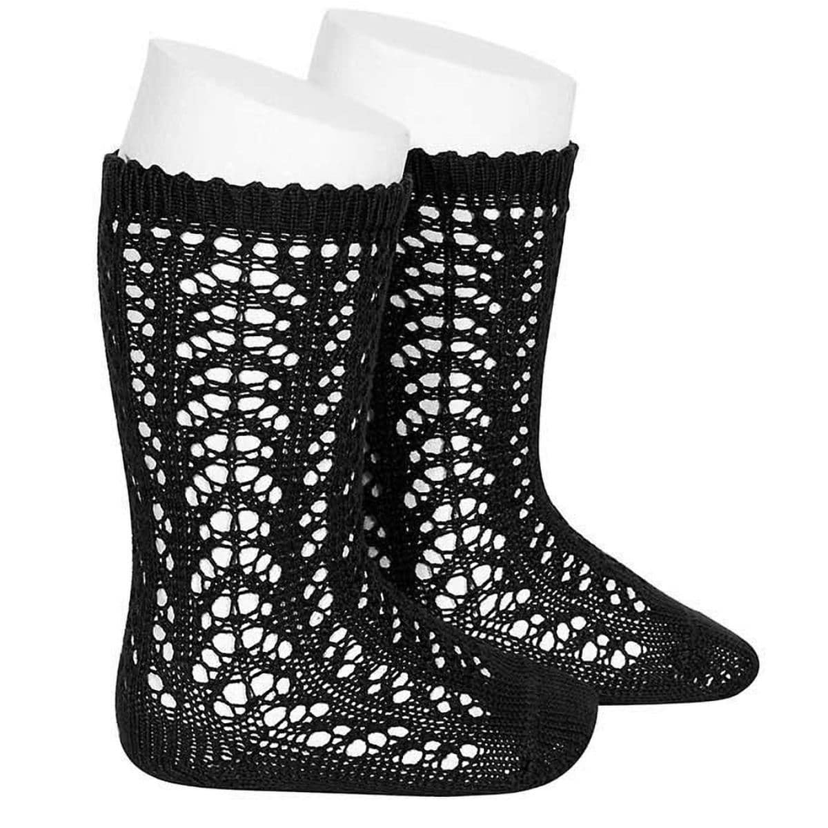 靴下 condor レディース M～L パール オープンワーク ニーソックス （ ソックス くつ下 コットン ハイソックス ニーハイソックス 大人 綿 丈夫 スペイン製 透かし編み 肌触り 手触り 滑らか 女性 24.5 25 25.5 26 26.5 cm ） 【ネグロ 12】