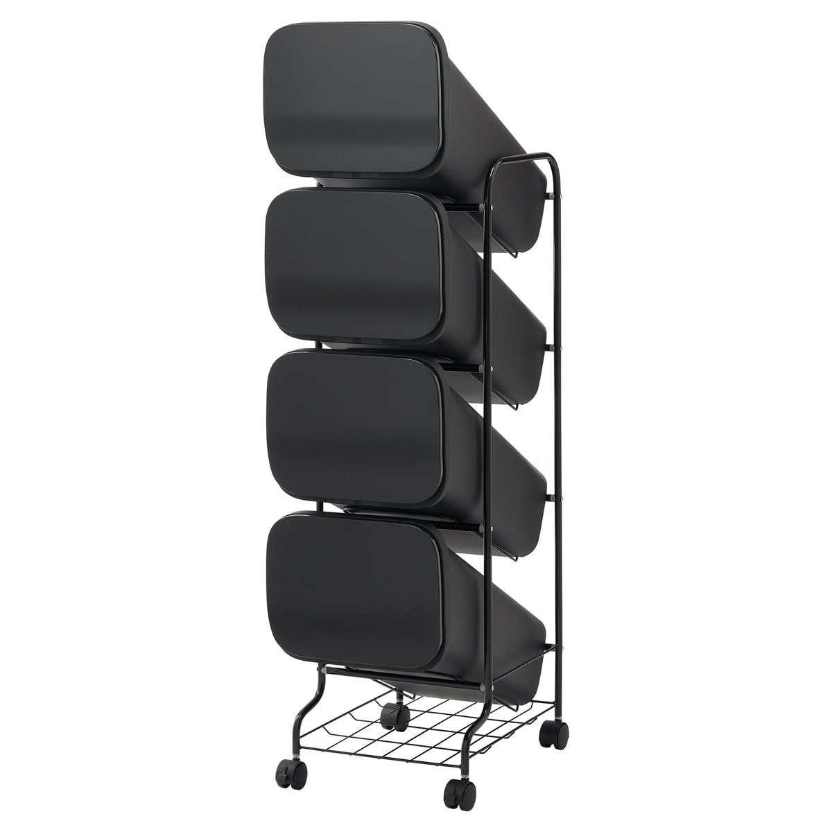 ゴミ箱 4段 Nスムース スタンドダストボックス （ ごみ箱 19L×4 ふた付き ダストボックス 分別ごみ箱 キャスター付き 縦型 20リットル 4個 フタ付 前開き キッチン スリム 蓋付き くずかご たて型 収納 ダストBOX ） 【ブラック】