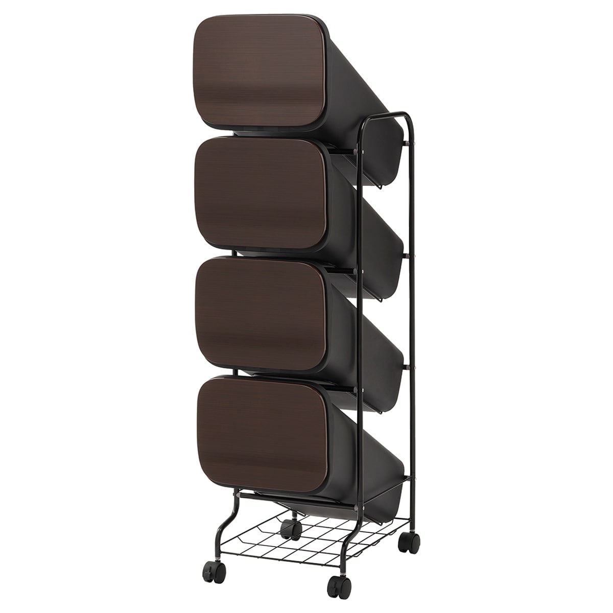 ゴミ箱 4段 Nスムース スタンドダストボックス （ ごみ箱 19L×4 ふた付き ダストボックス 分別ごみ箱 キャスター付き 縦型 20リットル 4個 フタ付 前開き キッチン スリム 蓋付き くずかご たて型 収納 ダストBOX ） 【ウッド】