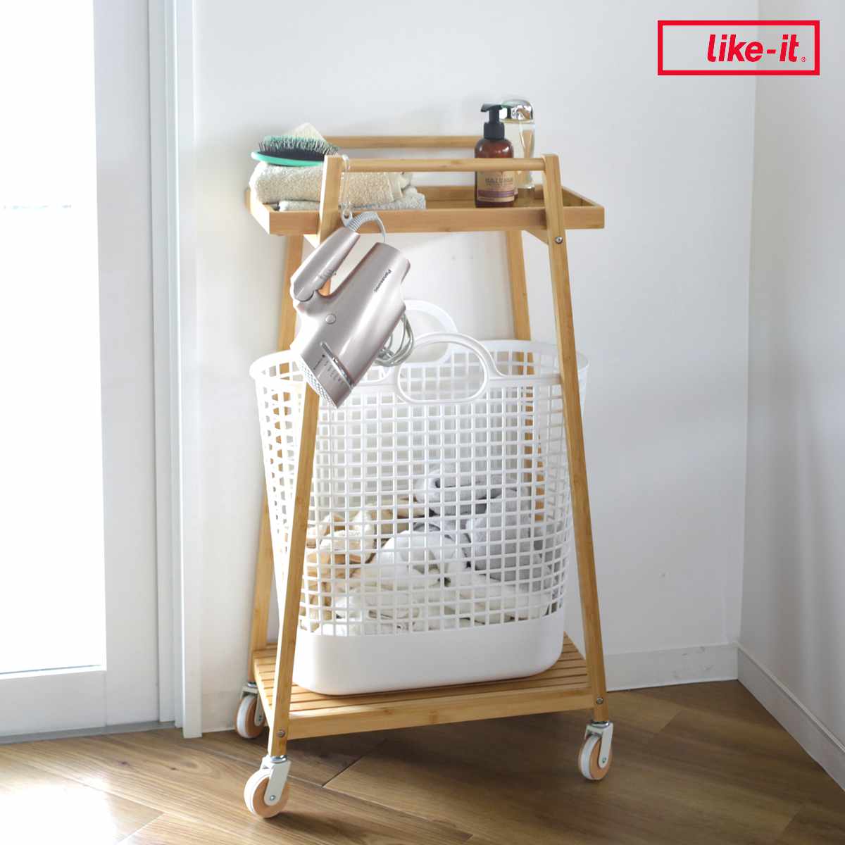 ランドリーワゴン 竹製ランドリーワゴン 2段 バスケット1個セット （ ランドリー ワゴン バスケット付き ライクイット キャスター付き 竹製 ランドリー収納 洗濯かご ハンドル タオル掛け 小物収納 like-it ）