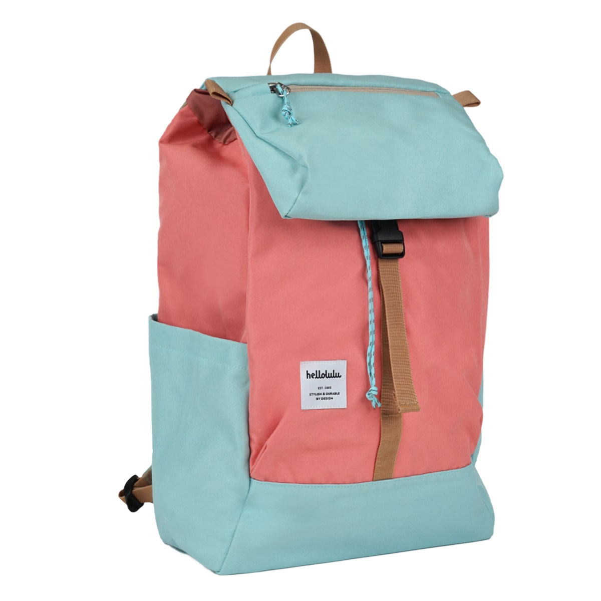 リュック Hellolulu SARO 15L （ ハロルル リュックサック バックパック デイパック レディース メンズ かばん 鞄 軽い 撥水 通学 通勤 アウトドア サイドポケット 巾着 PC収納 おしゃれ ） 【LivingCoral×SkyBlue】