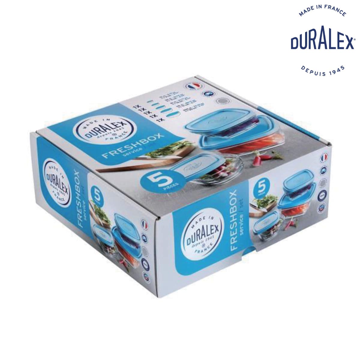 DURALEX デュラレックス カレボウル 5個セット 蓋付き （ 保存容器 電子レンジ対応 食洗機対応 ガラス 強化ガラス スタッキング 角型 食品保存 ガラス製保存容器 作り置き ストッカー 中身が見える クリア セット ）