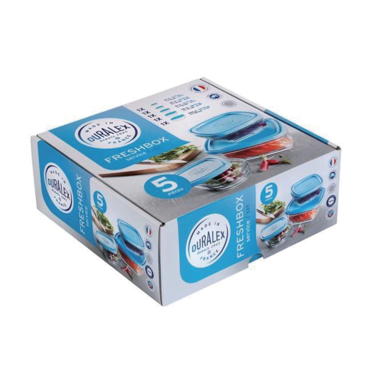 DURALEX デュラレックス カレボウル 5個セット 蓋付き （ 保存容器 電子レンジ対応 食洗機対応 ガラス 強化ガラス スタッキング 角型 食品保存 ガラス製保存容器 作り置き ストッカー 中身が見える クリア セット ）