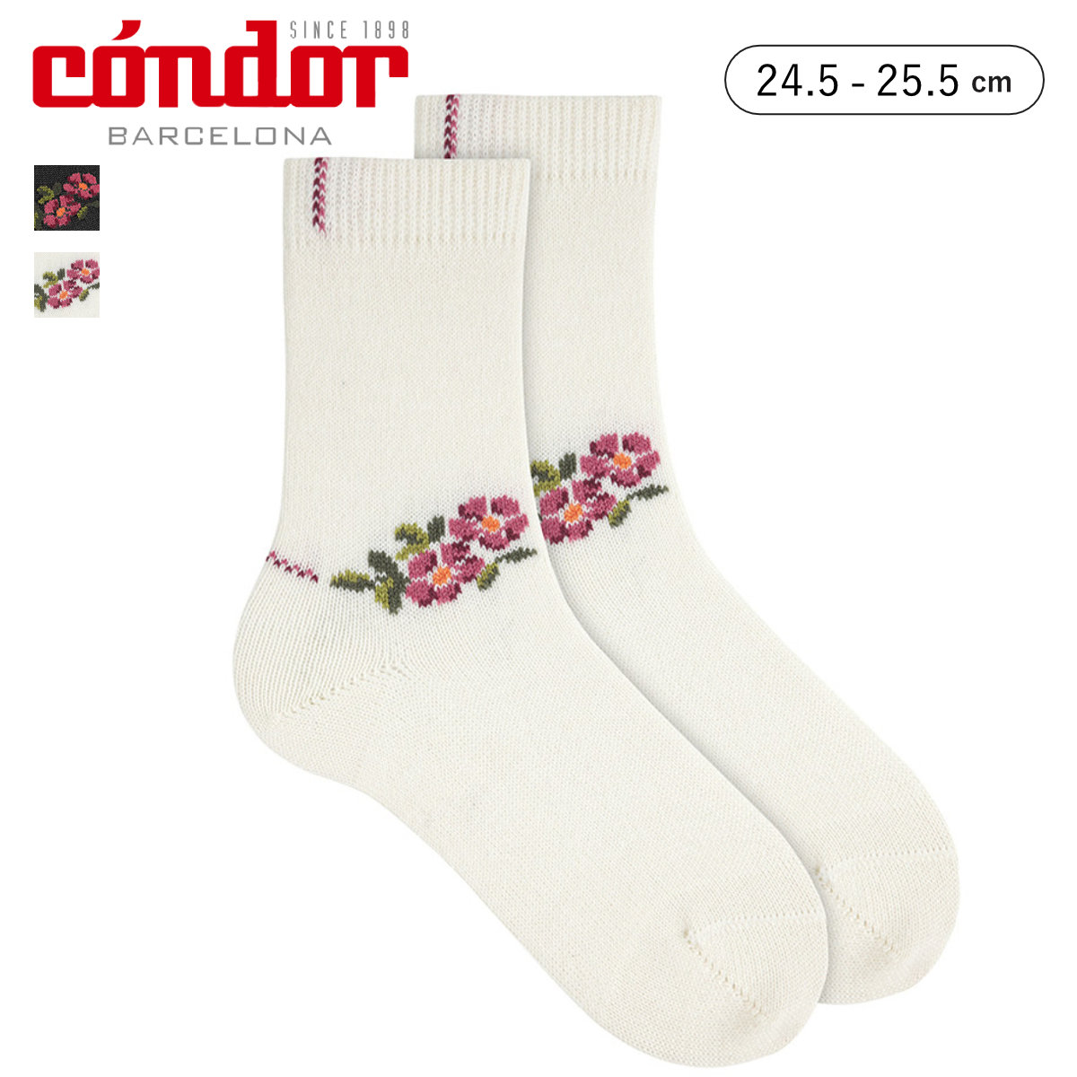 靴下 condor レディース 24.5～25.5cm メリノ ウール ブレンドソックス フローラル エンブロイダリー （ コンドル ソックス 大人 くつ下 くつした 丈夫 ショートソックス 花柄 大人用 女性 おしゃれ ギフト スペイン製 ） 【カバ】