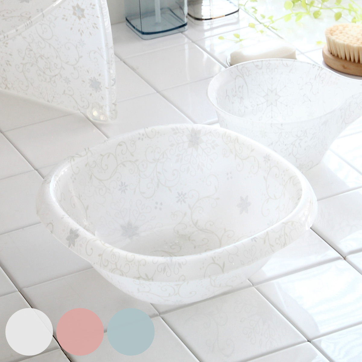 湯桶 フィルロシュシュ 角型 （ 湯おけ 洗面器 風呂おけ おけ 手おけ 手桶 ウォッシュボール 花 花柄 角 ハンドペイル バスボウル せんめんき バス用品 バスグッズ ）【 ペールブルー 】