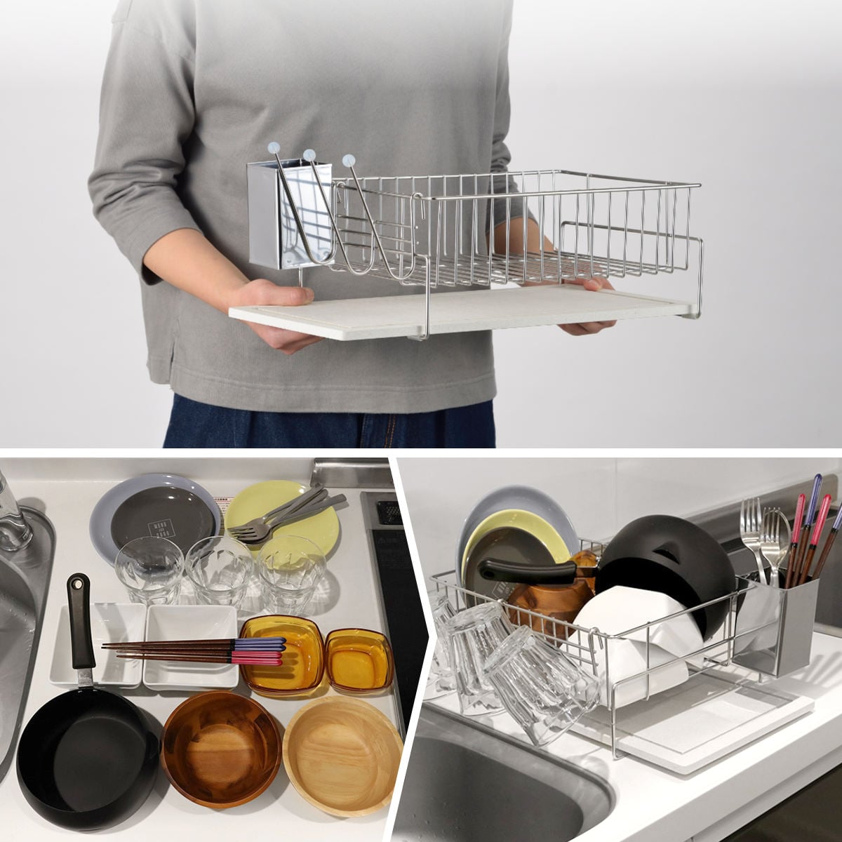 ビーワーススタイル KAWAKI 置きタイプ ( 水切りラック シンク上 ステンレス 珪藻土 日本製 水切りカゴ 水切りかご 水切りバスケット 大容量 珪藻土トレイ 珪藻土トレー カトラリーポケット付き )