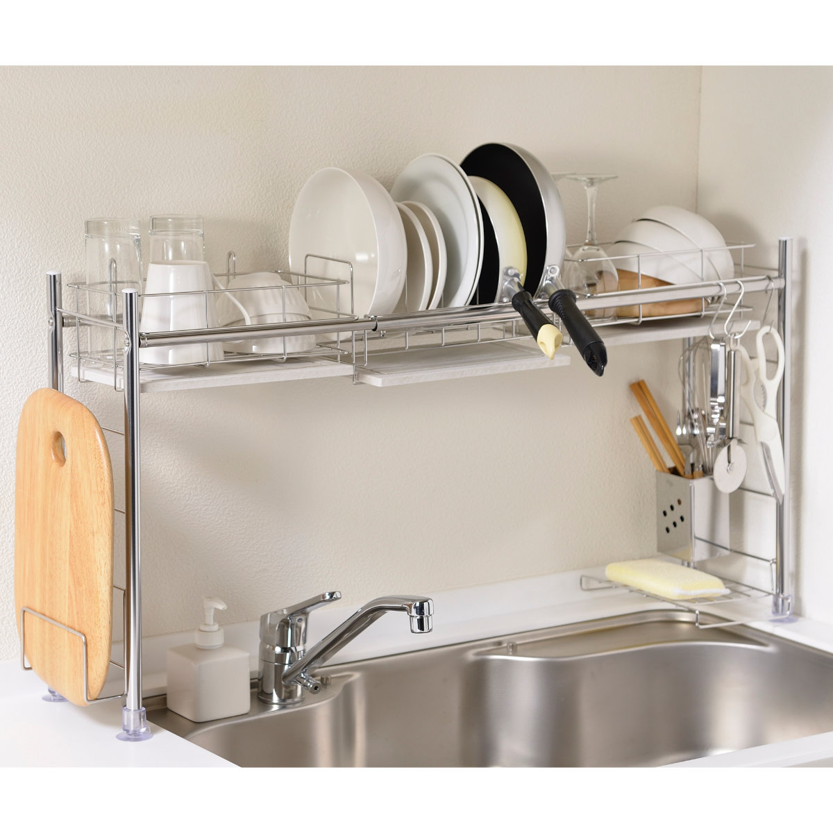 ビーワーススタイル KAWAKI シンク渡し タイプ ( 水切りラック シンク上 ステンレス 珪藻土 伸縮 日本製 水切りカゴ 水切りバスケット 水切りかご カトラリーポケット付き 伸縮式 大容量 スリム 珪藻土トレー )