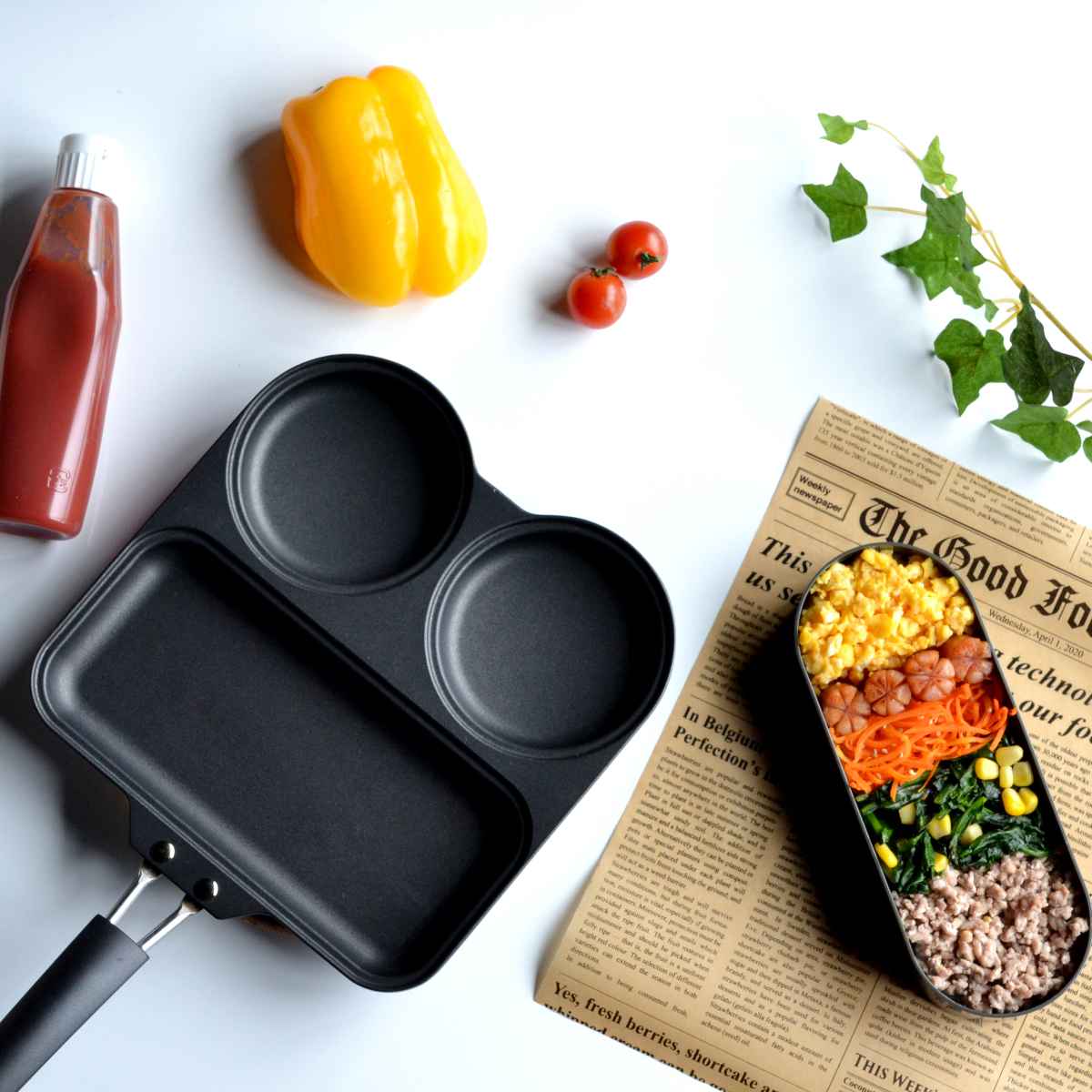 フライパン IH対応 仕切り付き 日本製 フッ素樹脂加工 まるまるしかくパン ( ガス火 IH 対応 片手鍋 炒め鍋 仕切り付き トリプルパン マルチパン お手入れ簡単 こびりつきにくい お弁当作り 時短 便利 調理器具 )