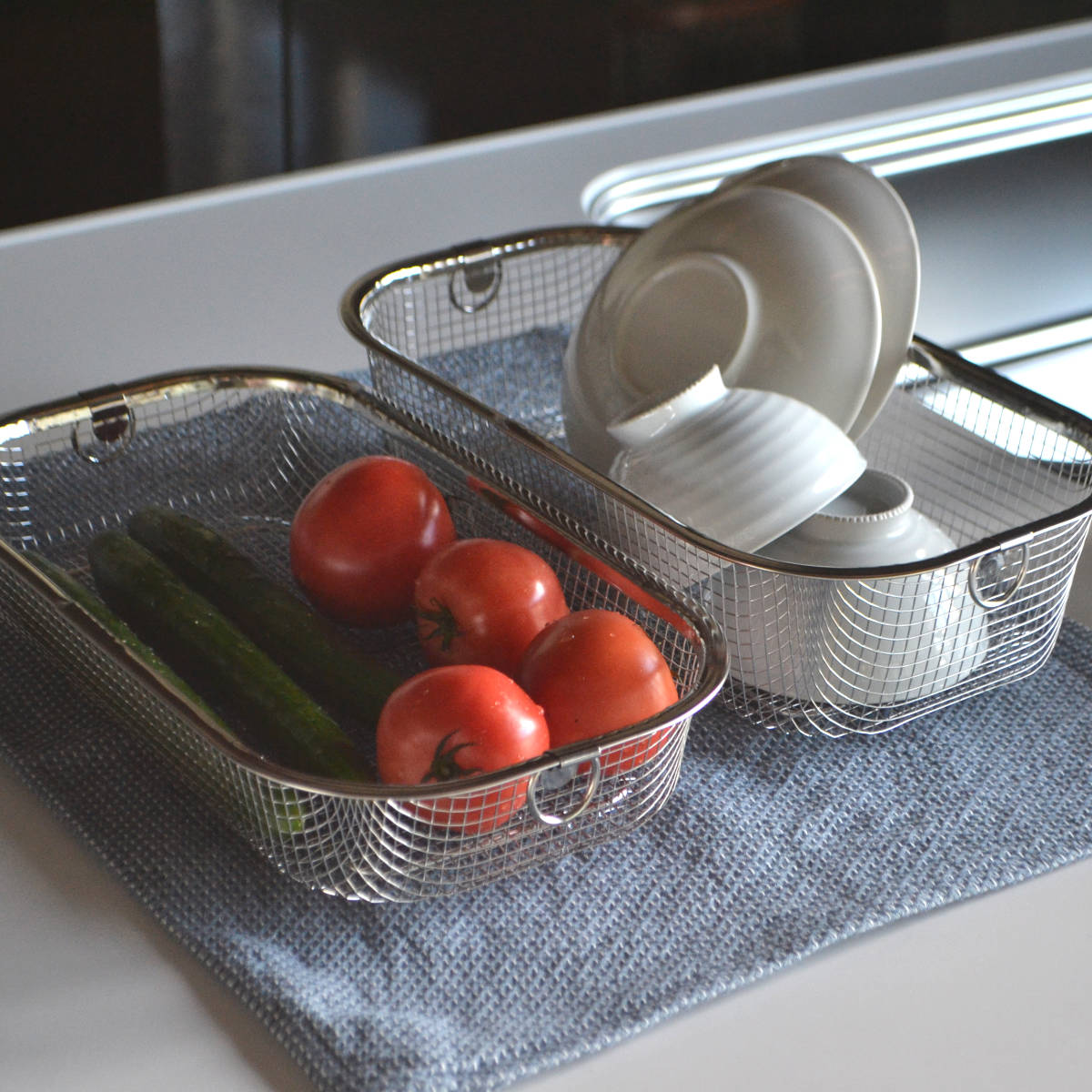 ビーワーススタイル すっきり暮らす水切りかご 浅深セット ( 水切りラック 日本製 ステンレス 水切りかご 水切りカゴ 水切り シンク上 燕三条 食洗機対応 水切りバスケット ざる ザル コンパクト 水切り籠 )