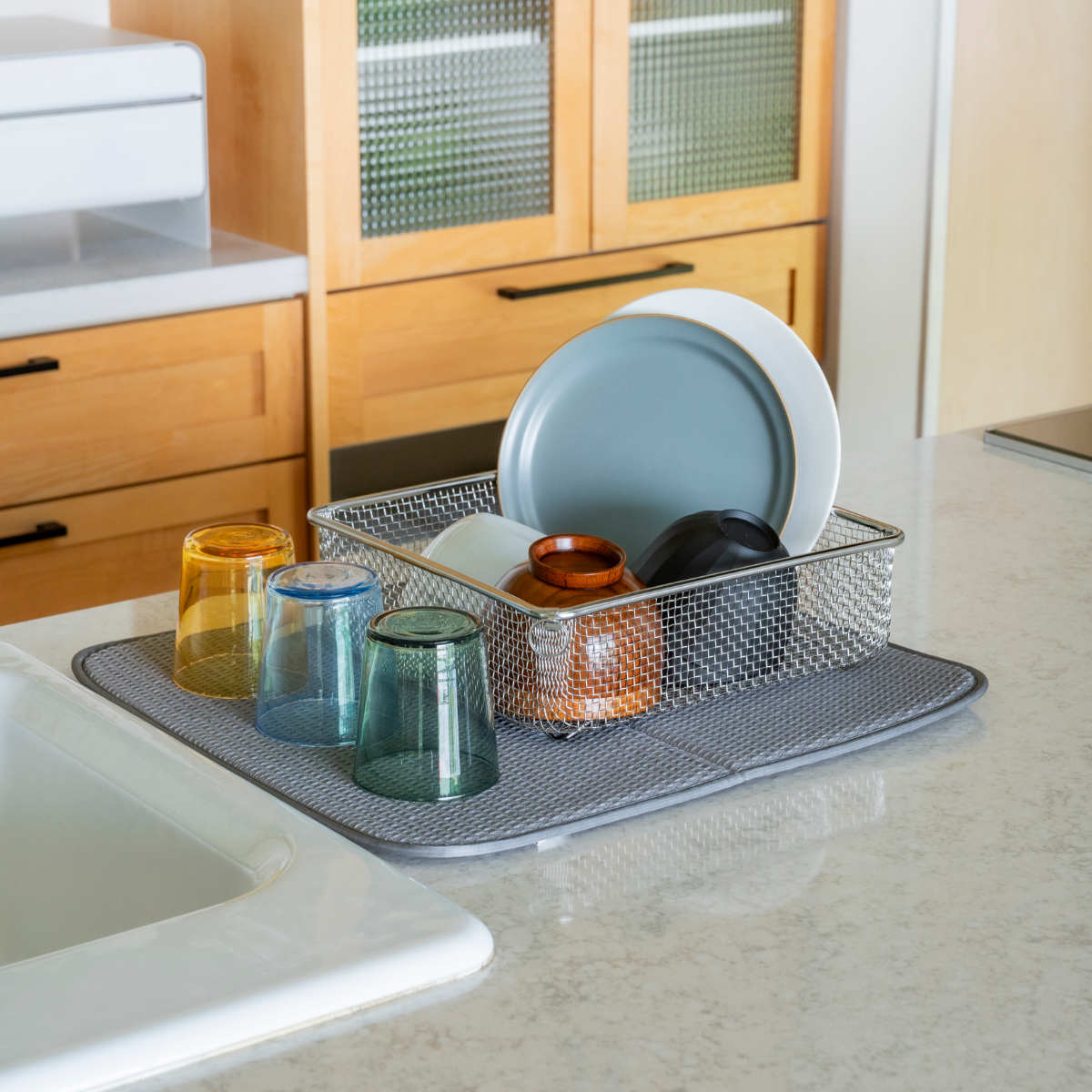 ビーワーススタイル すっきり暮らすセット スクエア 水切りマット付き ( 水切りラック 日本製 ステンレス 水切りかご 水切り シンク上 食洗機対応 水切りカゴ 燕三条 水切りバスケット ざる ザル コンパクト )