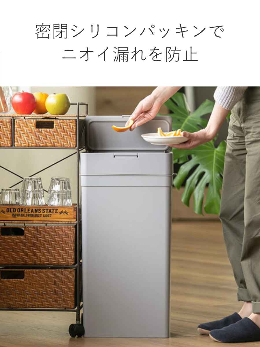 ゴミ箱 25L シールズ 密閉 スリム ( ごみ箱 薄型 25リットル 奥行16.5 ニオイ 防止 分別 プッシュ ふた 角型 キッチン 防臭 ふた付き パッキン 袋 見えない 棚下 カウンター ラック 下 生ゴミ おむつ ) 【グレー】 グレー