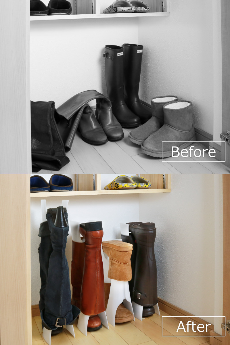 ブーツホルダー スペースセーバー 2足分 4個入り ( ブーツキーパー ブーツスタンド シューキーパー ブーツ 4個 靴 収納 省スペース 伸縮 ショート ロング 脱臭剤付き 脱臭 消臭 逆さ 靴箱 玄関 靴収納 シューズ )