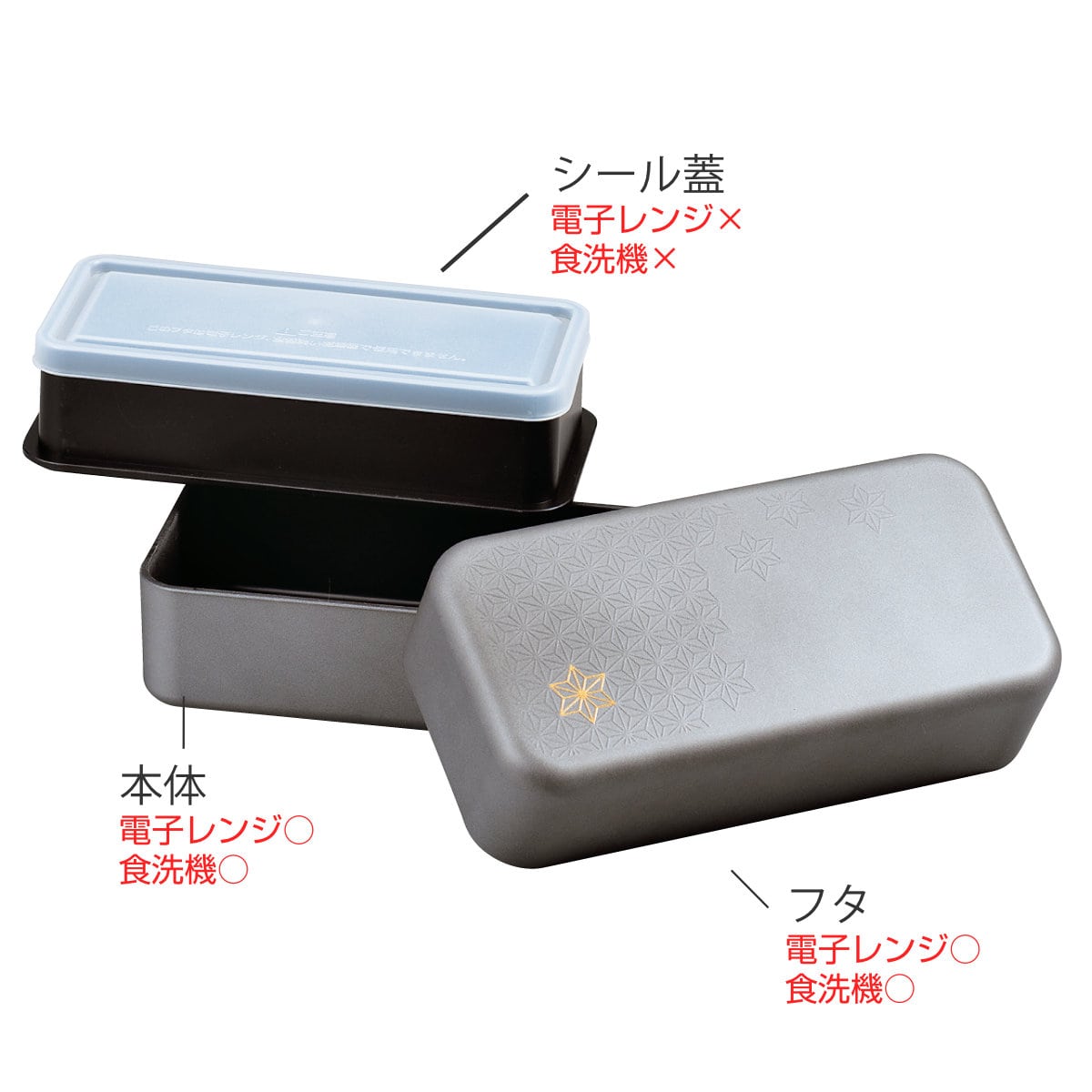 弁当箱 910ml 2段 長角コンビニ弁当 銀研・黒炭 ( 食洗機対応 レンジ対応 和風 お弁当箱 ランチボックス 日本製 食洗機OK レンジOK 弁当 お弁当 入れ子式 和柄 和デザイン ) 【銀研麻の葉】 銀研麻の葉