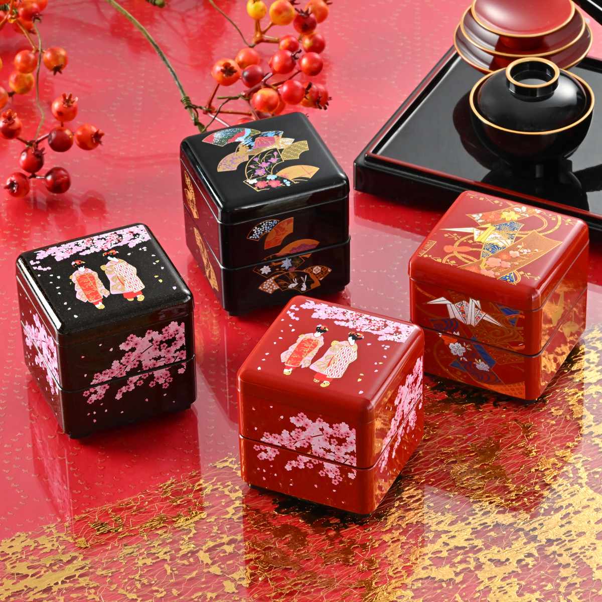 お重 ミニお重珍味角 HAKOYA 160ml ( 日本製 プラスチック 小さい 四角 和食 二段 和風 弁当箱 ランチボックス ギフト 和柄 おせち料理 おせち お節 御節 二段弁当箱 ) 【折鶴】 折鶴