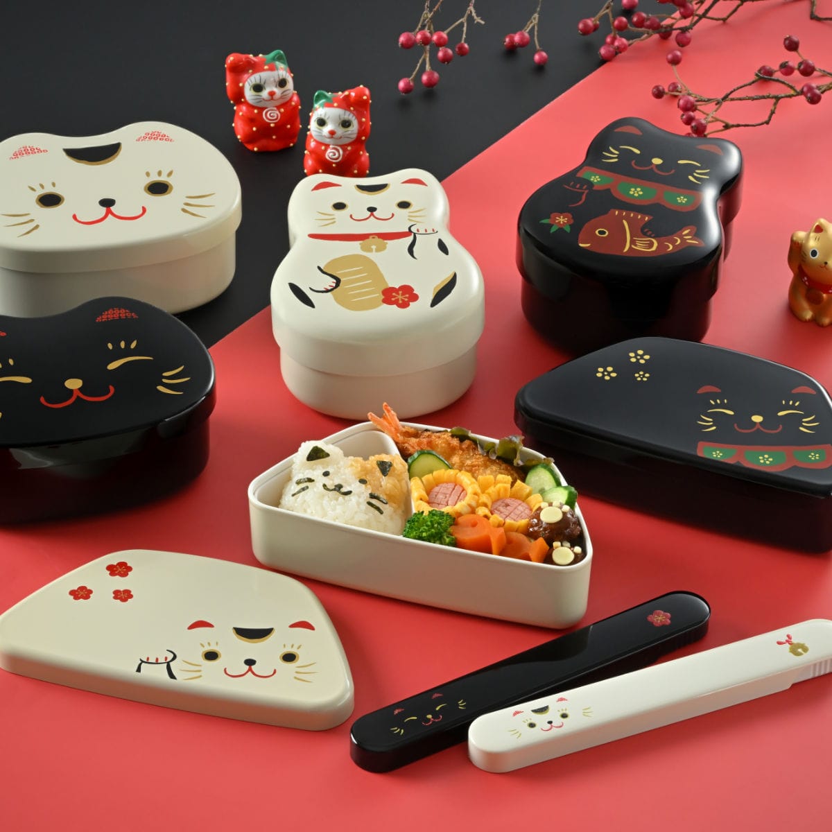 弁当箱 460ml 富士おにぎり弁当 まねきねこ ( お弁当箱 ランチボックス レンジ対応 食洗機対応 一段 日本製 レンジOK 食洗機OK 弁当 お弁当 中子付き ランチベルト付き 大人 ) 【黒まねきねこ】 黒まねきねこ