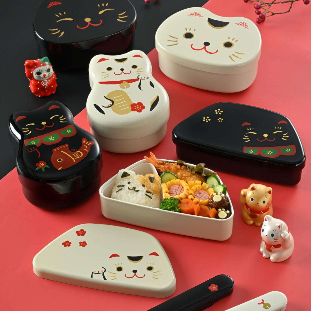 弁当箱 460ml 富士おにぎり弁当 まねきねこ ( お弁当箱 ランチボックス レンジ対応 食洗機対応 一段 日本製 レンジOK 食洗機OK 弁当 お弁当 中子付き ランチベルト付き 大人 ) 【黒まねきねこ】 黒まねきねこ