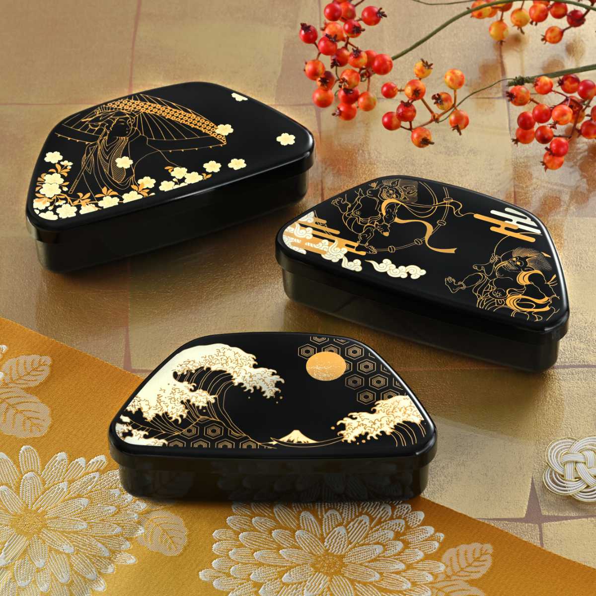 弁当箱 460ml 富士おにぎり弁当 蒔絵 ( お弁当箱 ランチボックス レンジ対応 食洗機対応 一段 日本製 レンジOK 食洗機OK 弁当 お弁当 中子付き ランチベルト付き 大人 ) 【風神雷神】 風神雷神