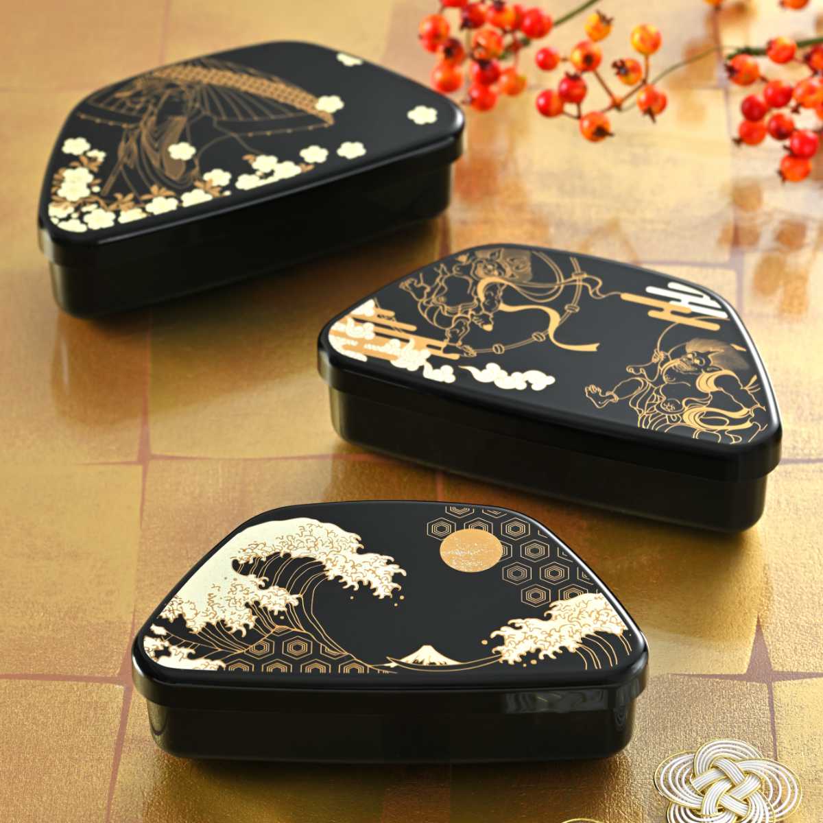 弁当箱 460ml 富士おにぎり弁当 蒔絵 ( お弁当箱 ランチボックス レンジ対応 食洗機対応 一段 日本製 レンジOK 食洗機OK 弁当 お弁当 中子付き ランチベルト付き 大人 ) 【風神雷神】 風神雷神