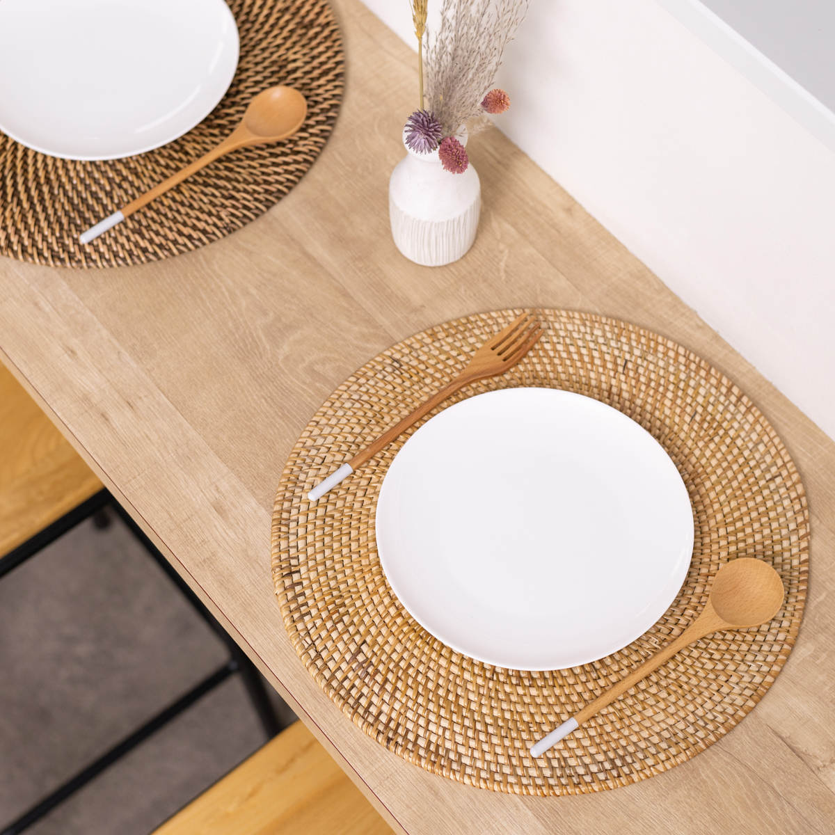 ランチョンマット 4枚セット ラタン プレイスマット ラウンド 円形 ( ティセコ おしゃれ 大きめ ランチマット プレースマット 藤 手編み 天然素材 ナチュラル インテリア 丸 36cm テーブルウェア ティーマット ) 【WHITE】 WHITE
