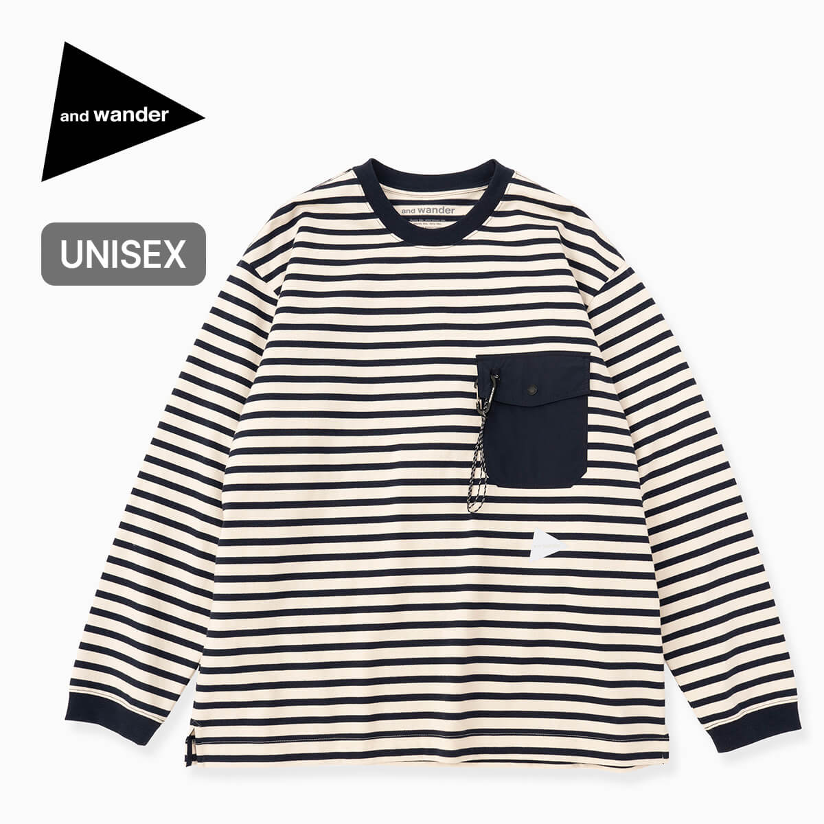 and wander アンドワンダー ストライプポケットLS T ネイビー XL
