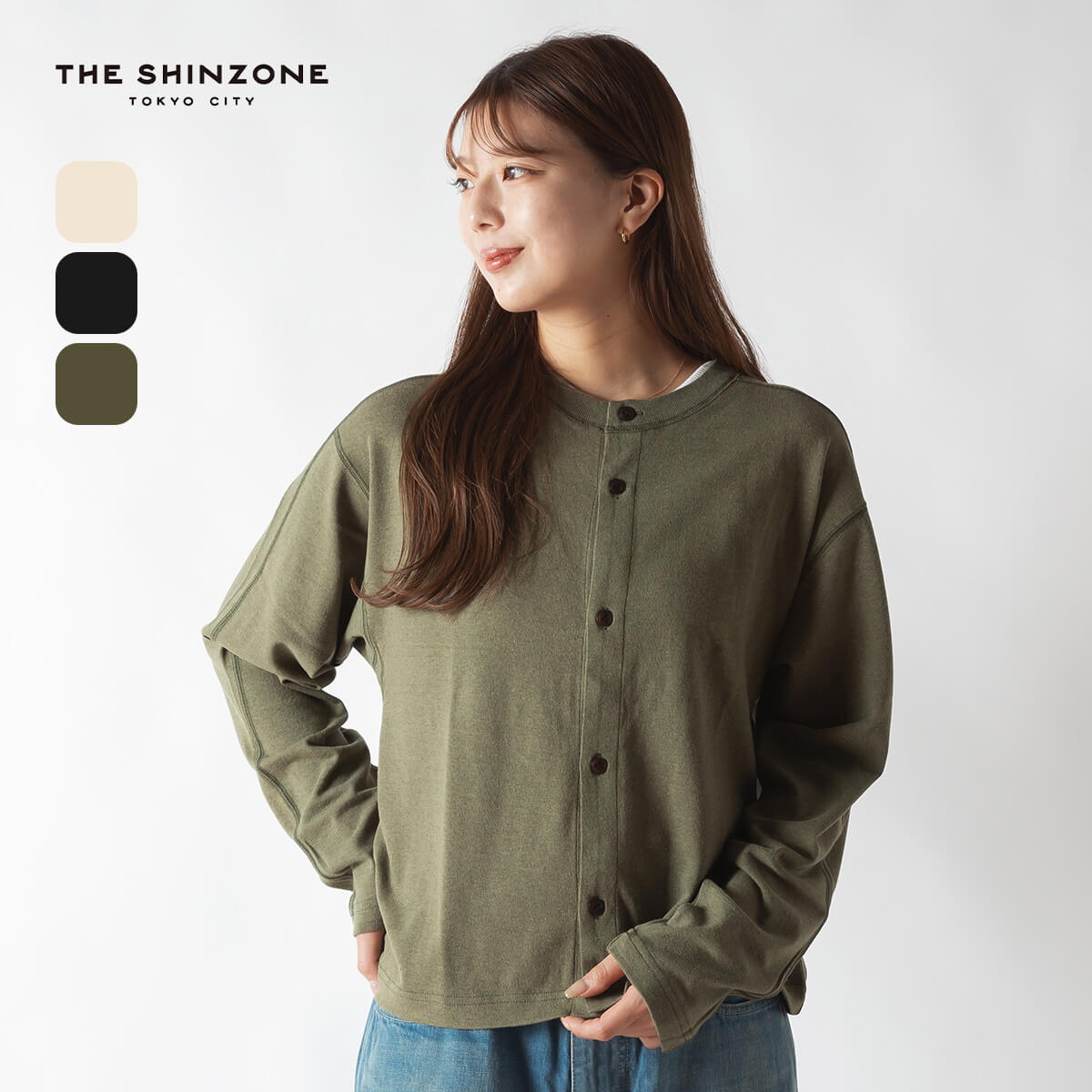 THE SHINZONE ザ シンゾーン C/Wクルーネックカーディガン カーキ F0