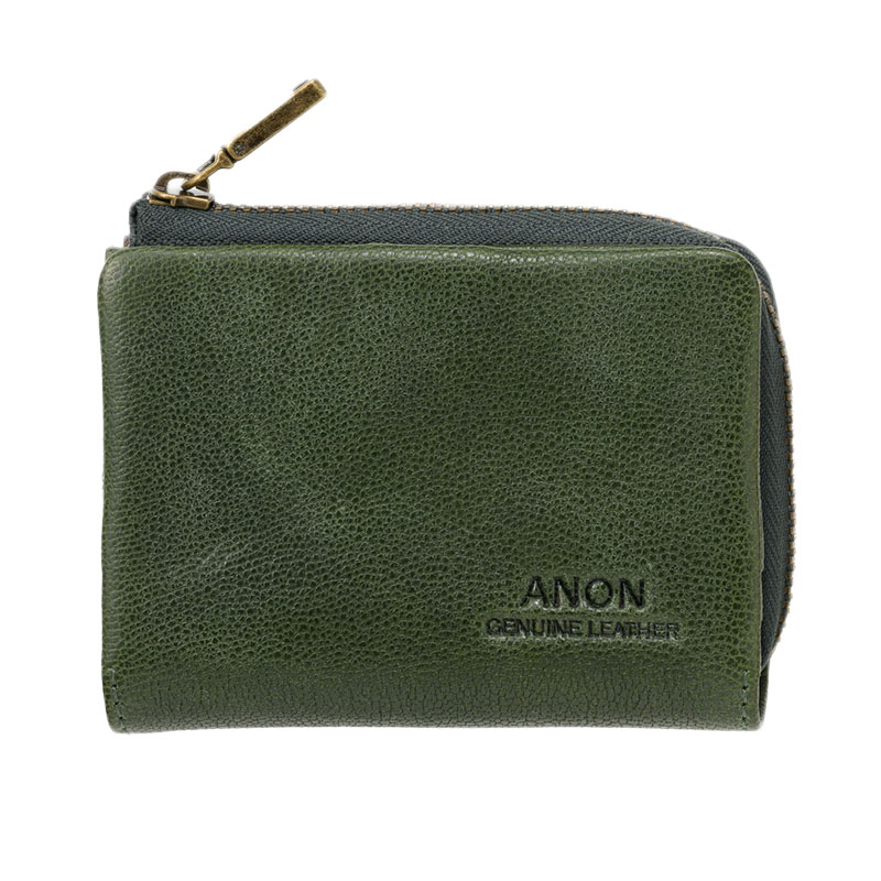 ANON・ゴートレザー・袋縫いL字ファスナー小銭入れ・グリーン グリーン