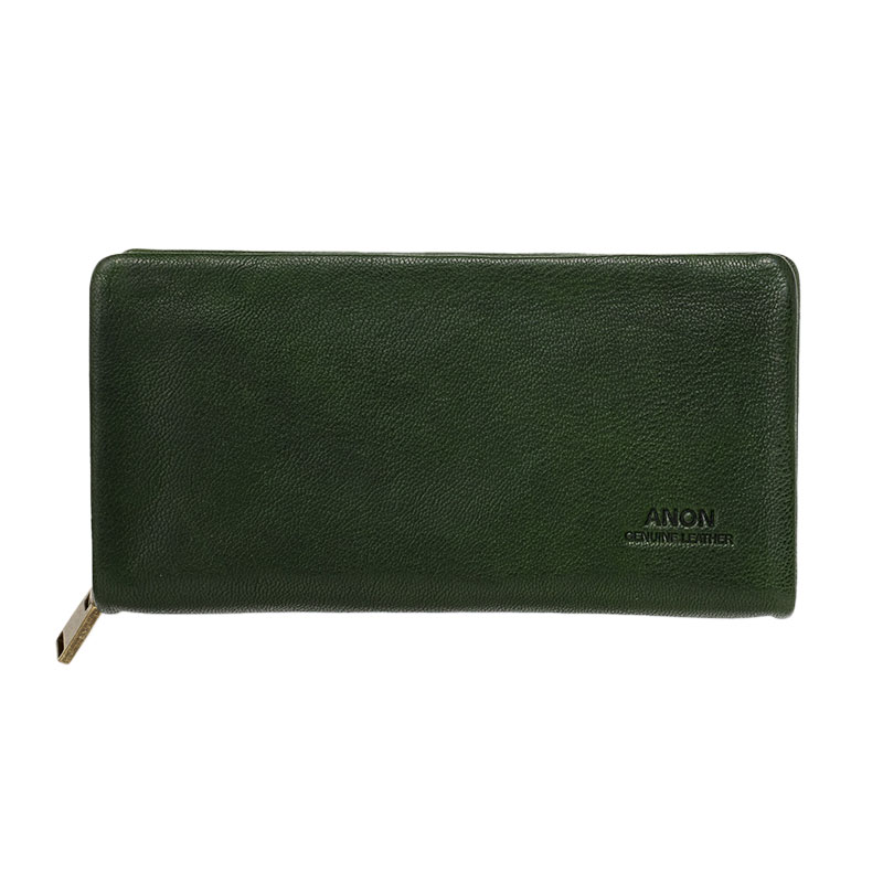 ANON・ゴートレザー・袋縫いラウンドファスナー長財布・グリーン