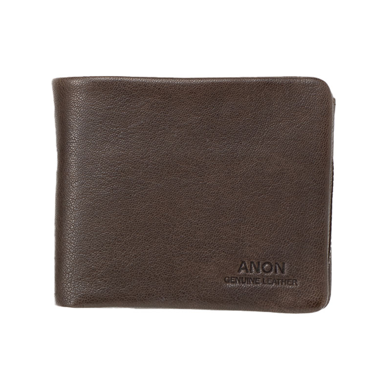 ANON ゴートレザー･袋縫い2つ折り財布 小銭入れ付き・ダークブラウン