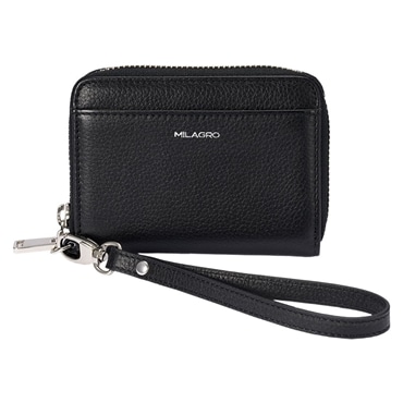 MILAGRO シュリンクレザー・ストラップ付きラウンドジップカードウォレット・ブラック
