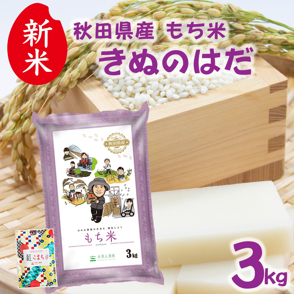 新米 秋田県産 もち米 きぬのはだ 精米 3kg 古代米お試し袋付き