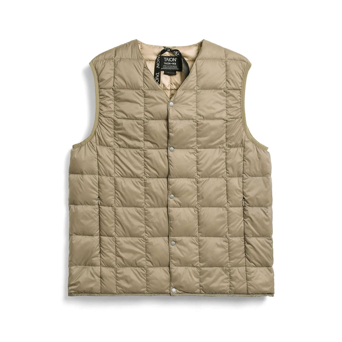 タイオン ダウンベスト メンズ レディース TAION インナーダウン Vネック ダウン ベスト 軽量 防寒 洗える ボタン アウター カジュアル BASIC LINE ベーシック Vネックボタン インナーダウンベスト TAION-001 KHAKI M