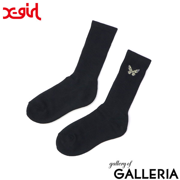 【メール便】 エックスガール 靴下 レディース X-girl ソックス おしゃれ かわいい ブランド ストリート ミドル丈 リブソックス 女子 高校生 スクール 黒 EMBROIDERED BUTTERFLY RIB SOCKS 105252054003
