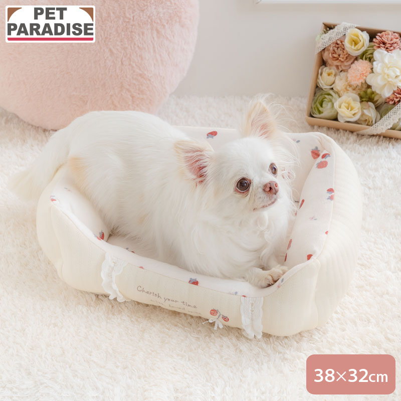 ペットパラダイス 犬 ベッド 寝具 クッション 花苺柄 やさしい カドラー （38×32cm） Ｓ ペットベッド ペットソファー ペットクッション パピー はじめて 猫 洗える あごのせ